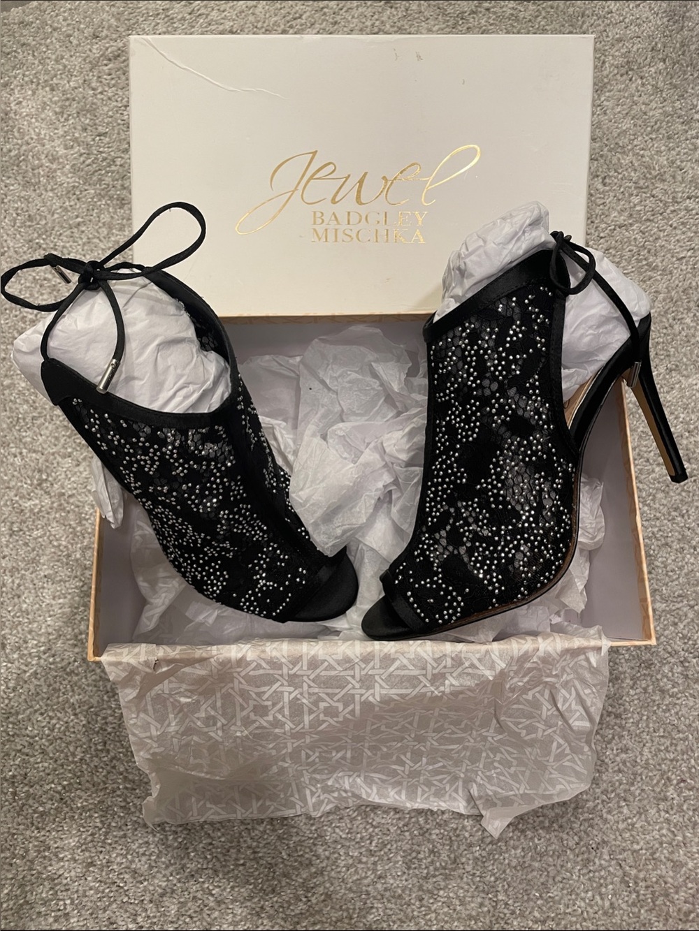 Badgley Mischka Black Crystal Lace Peep-Toe Stiletto Booties